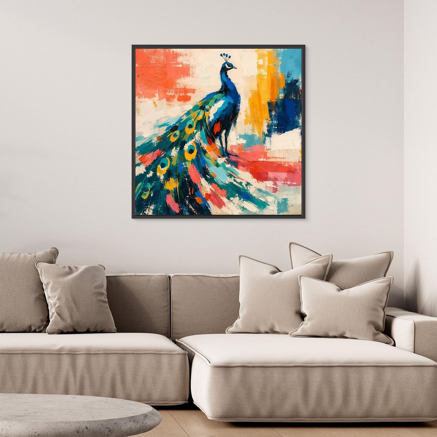 Framed abstract peacock wall art canvas, blue peacock with vivid multicolor strokes