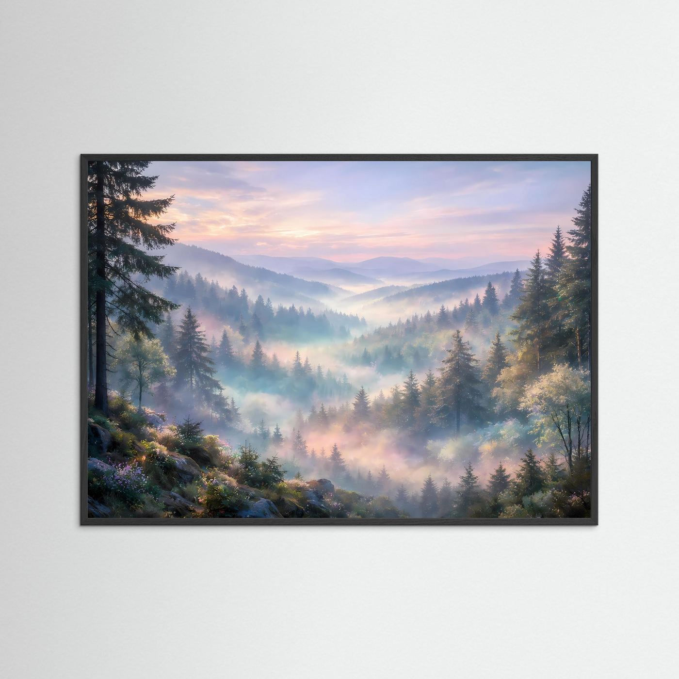 Wandposter mit Berglandschaft im Nebeltal, dunkelgrauer Rahmen