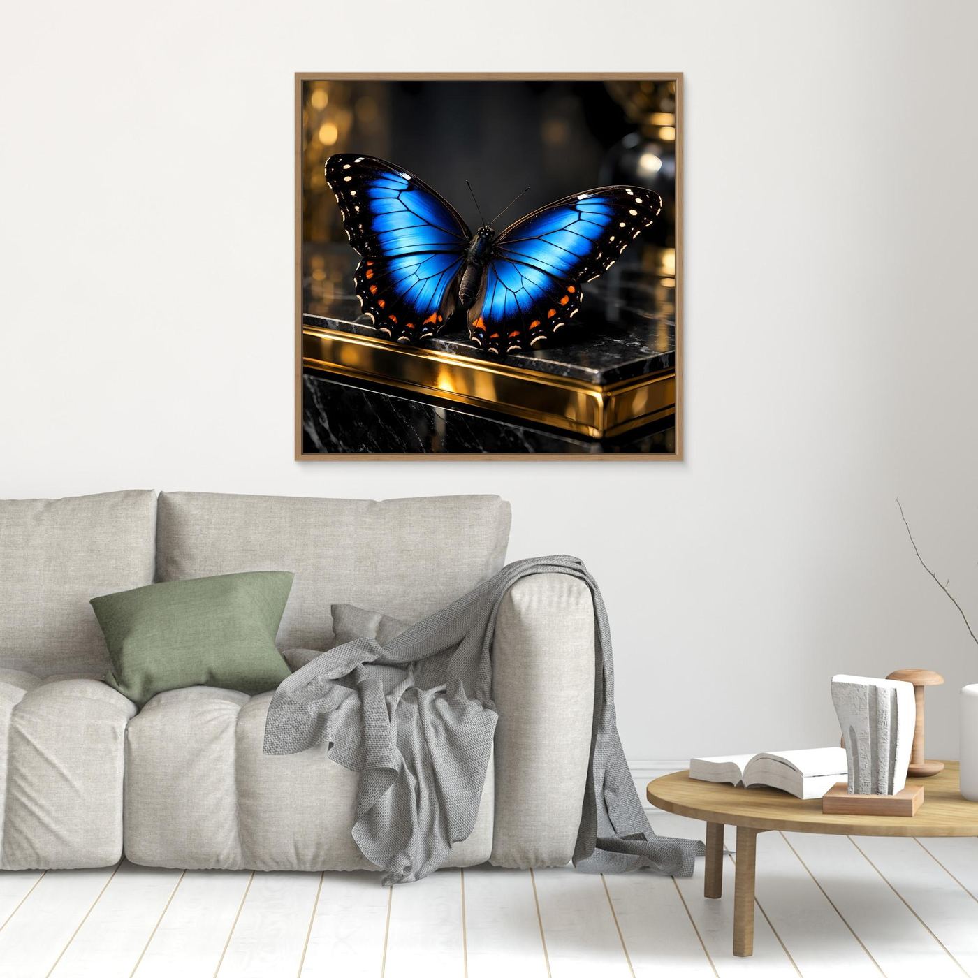 Quadratisches Leinwand-Wandbild: blauer Schmetterling, goldbrauner Rahmen