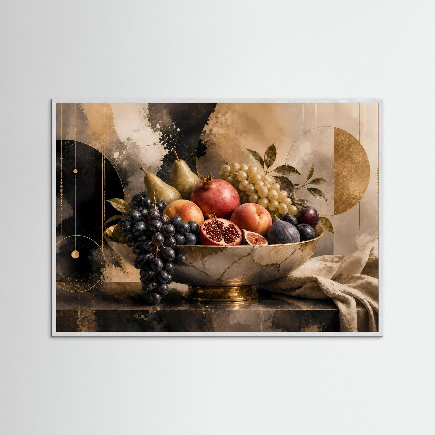 Obstposter im weißem Holzrahmen: Schale mit Trauben und Granatapfel, Querformat