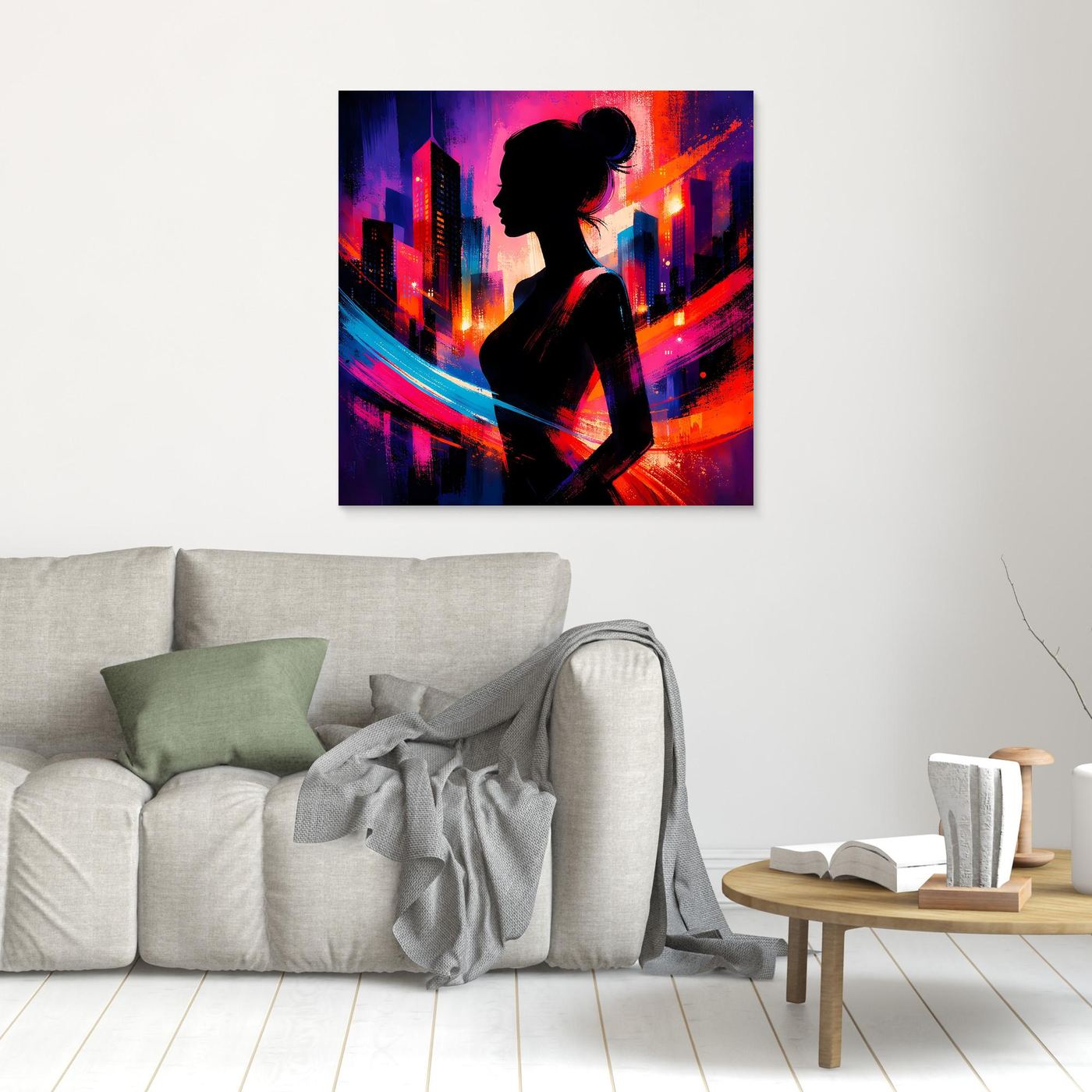 Kleines Leinwandbild mit Silhouette einer Frau und Neon-Stadt-Skyline, ohne Rahmen