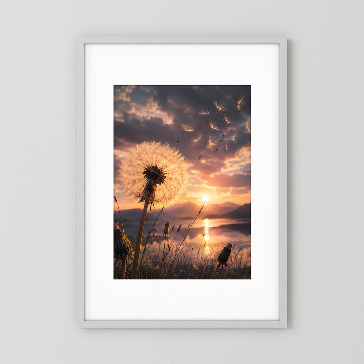 Hochformatiges Poster mit Pusteblume im Sonnenuntergang, weißer Rahmen und Passepartout