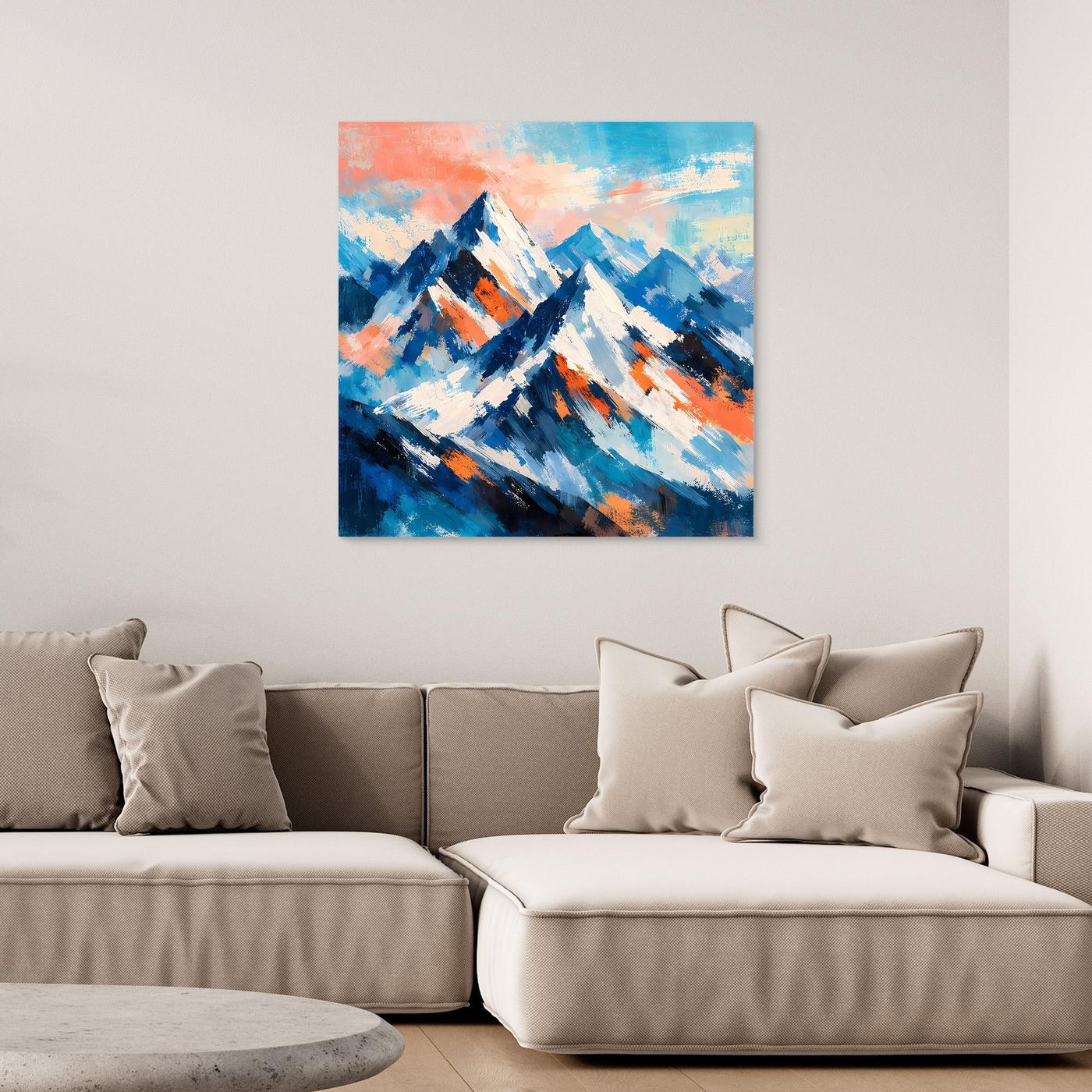 Abstraktes Leinwand-Wandbild mit impressionistischen Schneebergen in Blau- und Orangetönen, ohne Rahmen