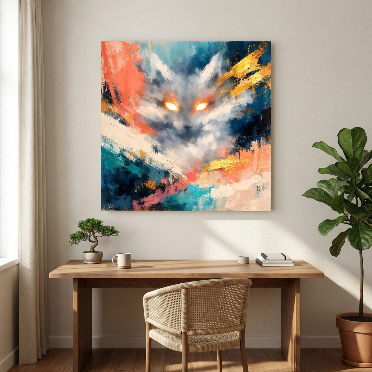 Abstraktes Leinwandbild mit Kitsune-Fuchs: leuchtende Augen, Textur aus Blau-, Orange- und Gelbflecken.