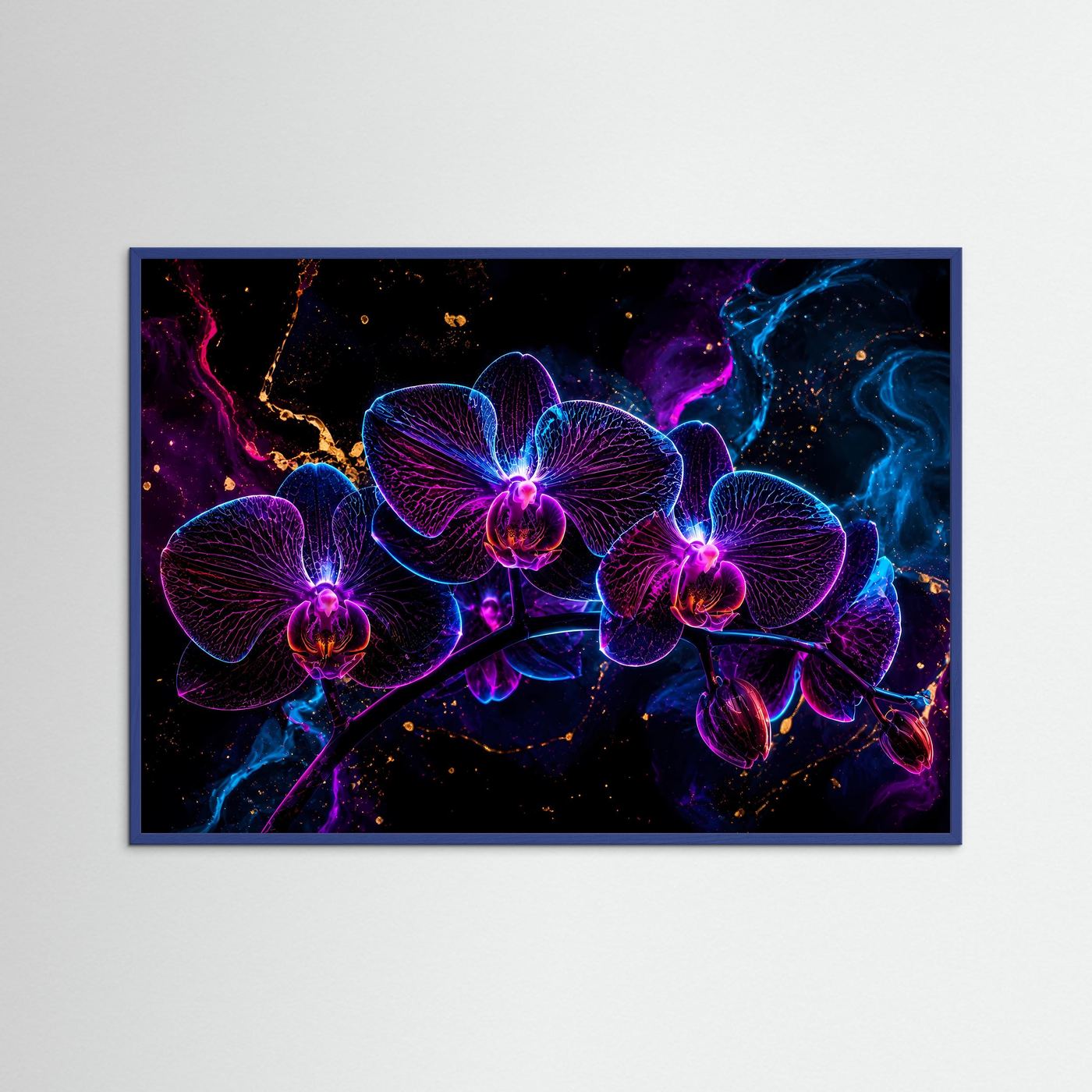 Neon Orchideen Poster | Leuchtende Blumen Wandkunst | Futurale Floral Art in Blau & Magenta | Abstrakte Luxus Wall Art | Modernes Leinwandbild