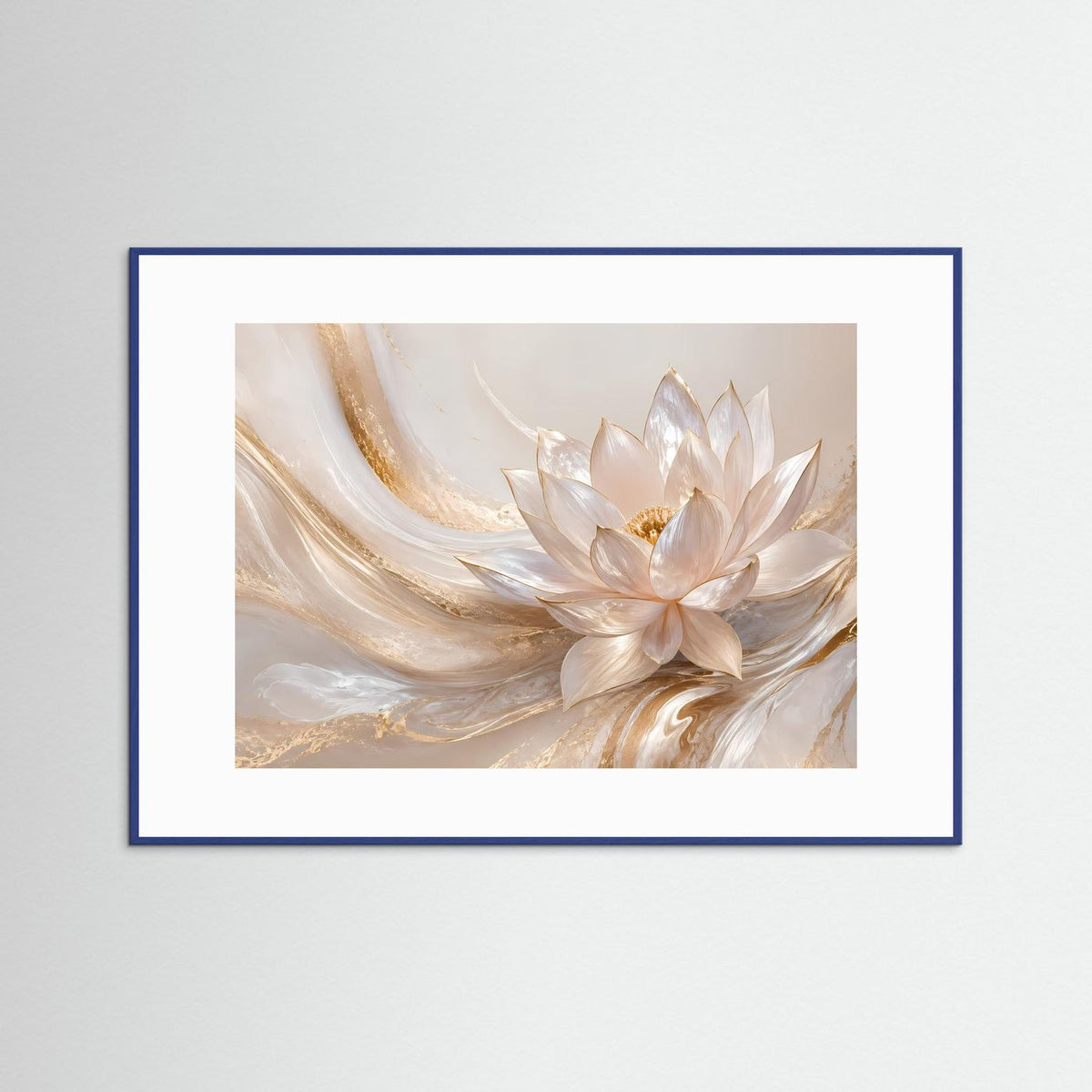 Poster Querformat mit Lotusblüten in Creme und Gold im blauen Rahmen mit Weißrand