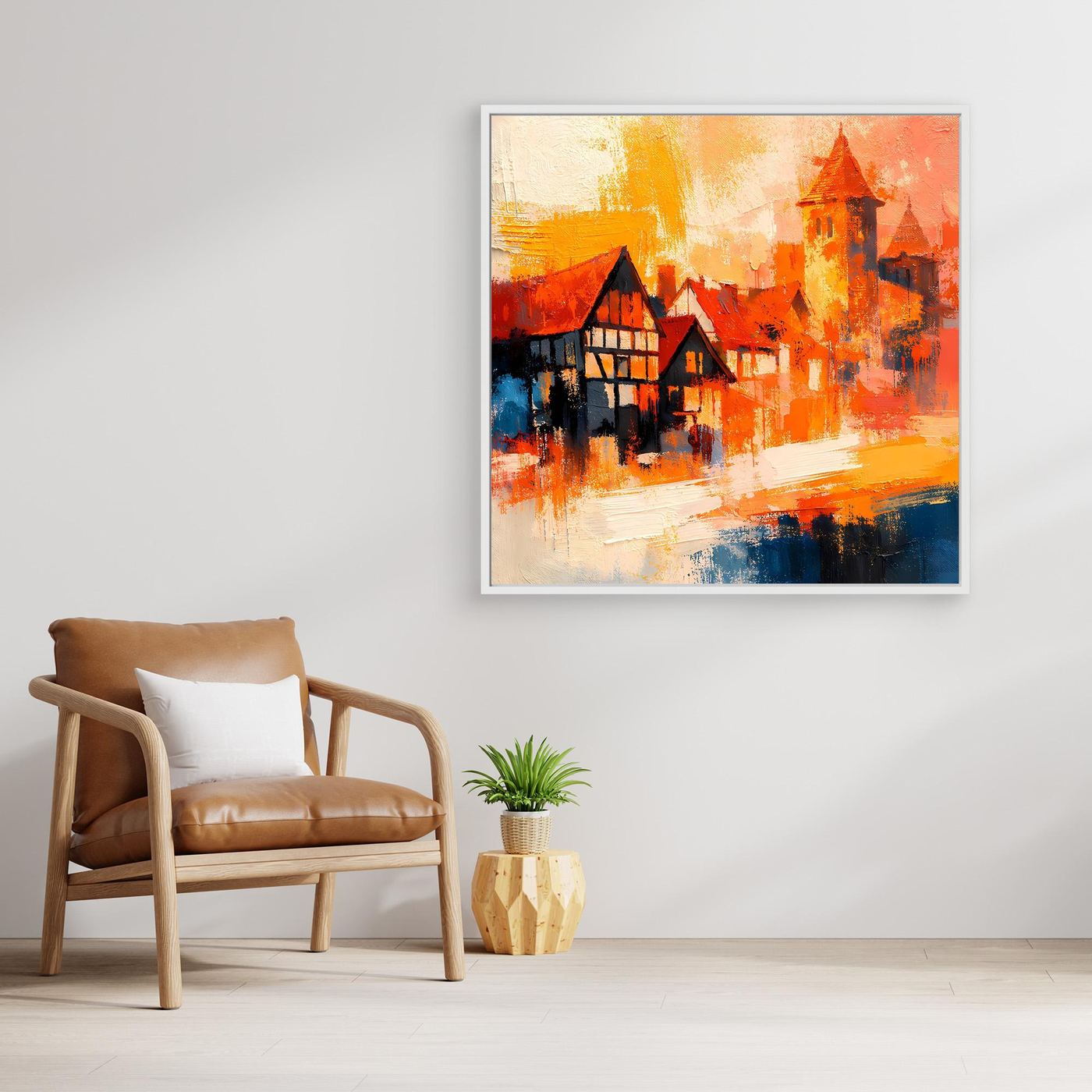 Premium Leinwand Romantische Altstadt im Farbenrausch | Modernes Fachwerk Wandbild abstrakt