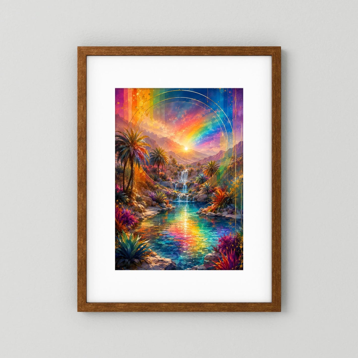 Hochformat-Poster mit Regenbogen, Palmen und Wasserfall, brauner Holzrahmen mit weißem Rand