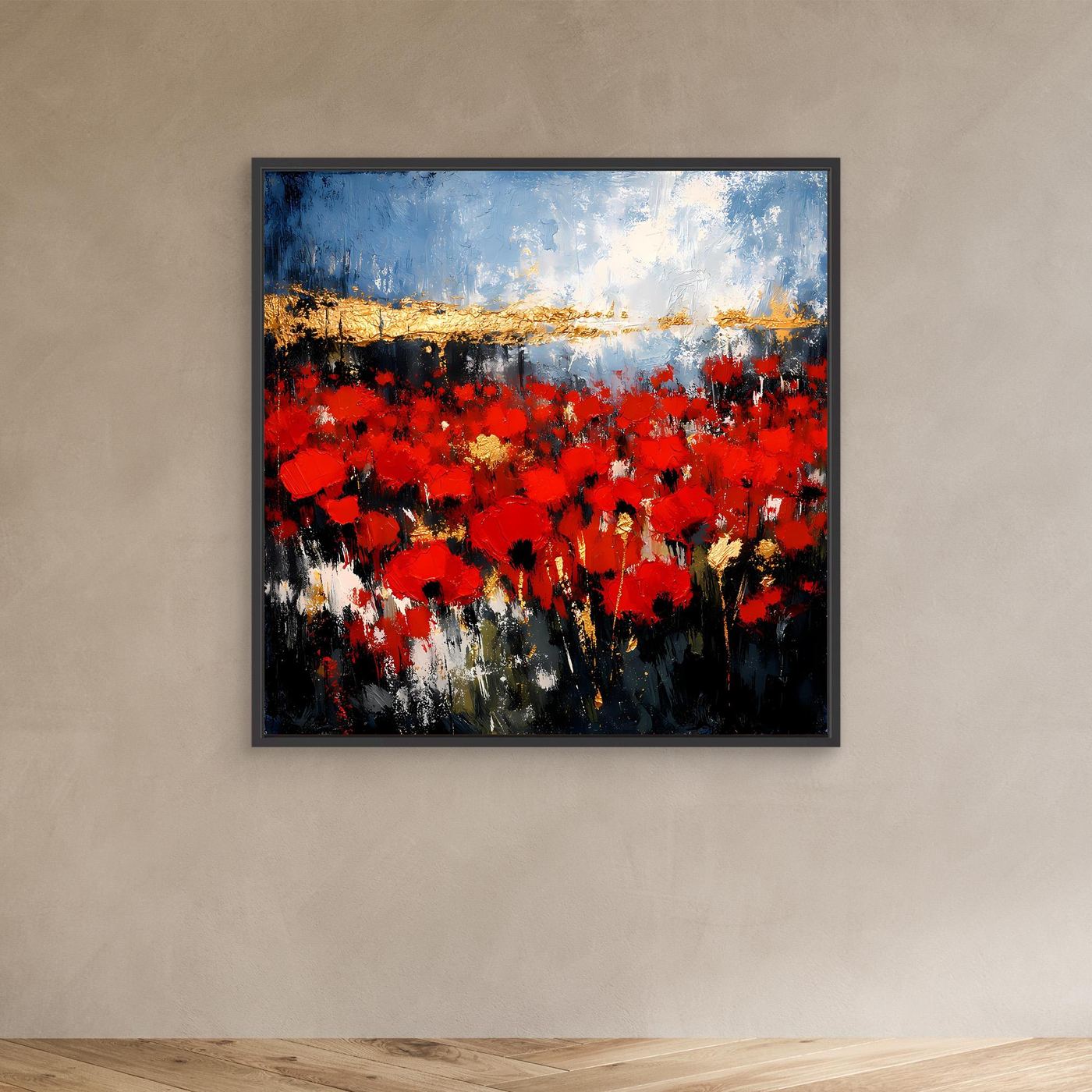 Abstraktes Wandbild mit roter Blütenlandschaft, blauem Himmel und goldener Horizontlinie im schwarzen Rahmen