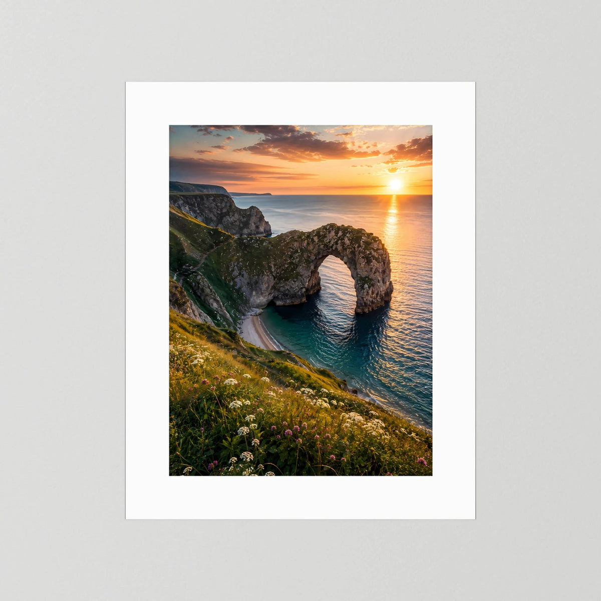 Poster im Hochformat mit weißem Rand: Küstenfelsen, Meerbogen und Sonnenuntergang