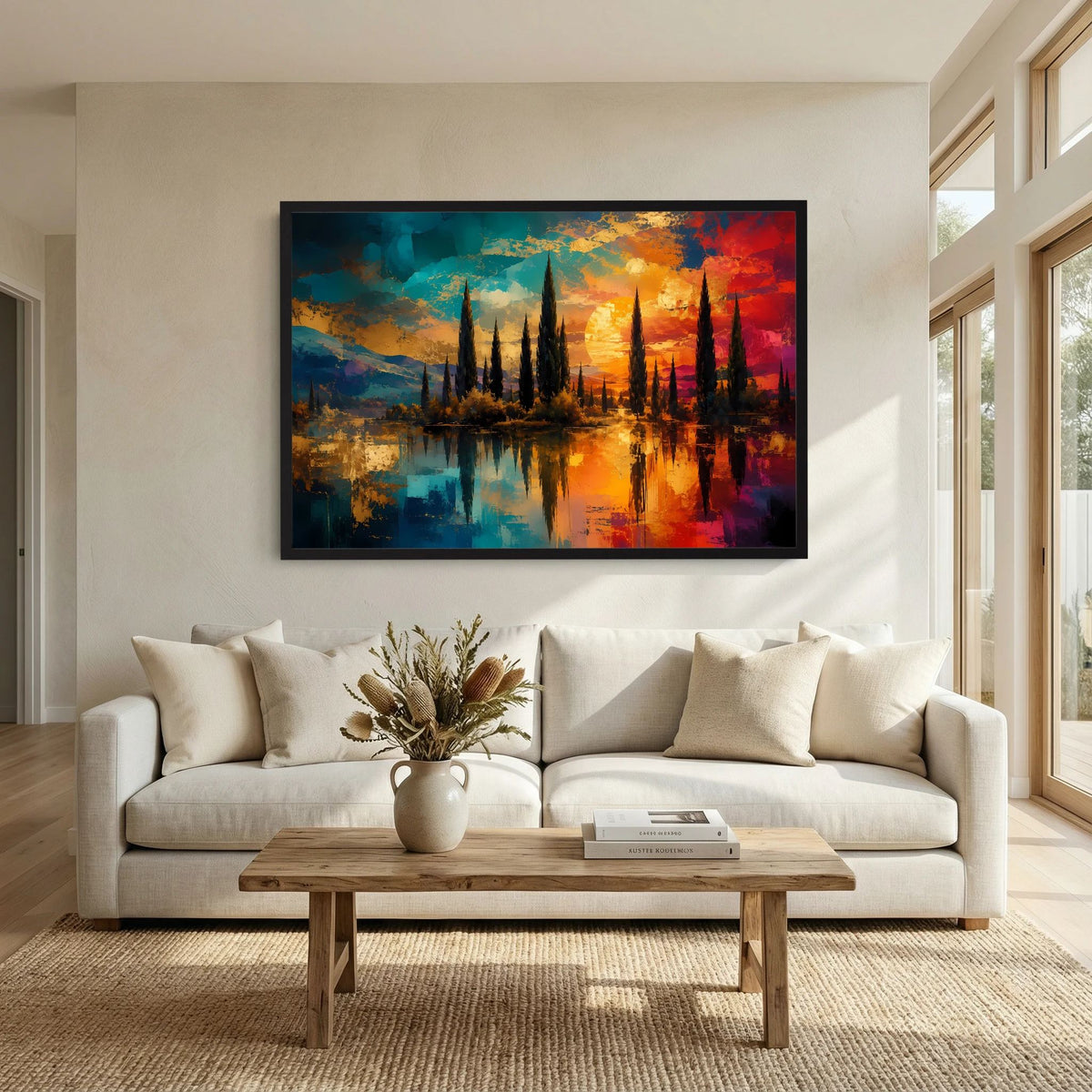 Wandbild-Poster im Querformat mit abstrakter Zypressenlandschaft, Sonnenuntergang, schwarz gerahmt