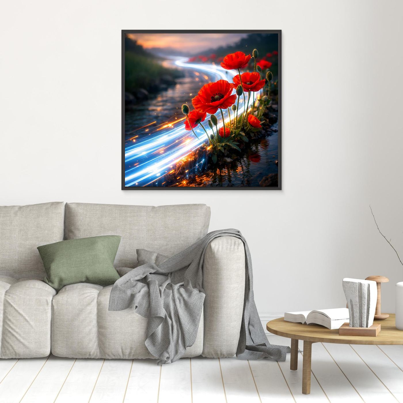 Kleines Leinwandbild mit roten Mohnblumen am Bach und Lichtspuren, schwarz gerahmt