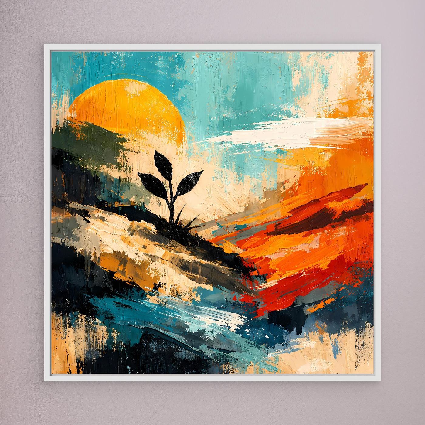 Gerahmtes Wandbild (weißer Rahmen): abstraktes Pflanzenmotiv mit Sonnenkreis, orange und blau