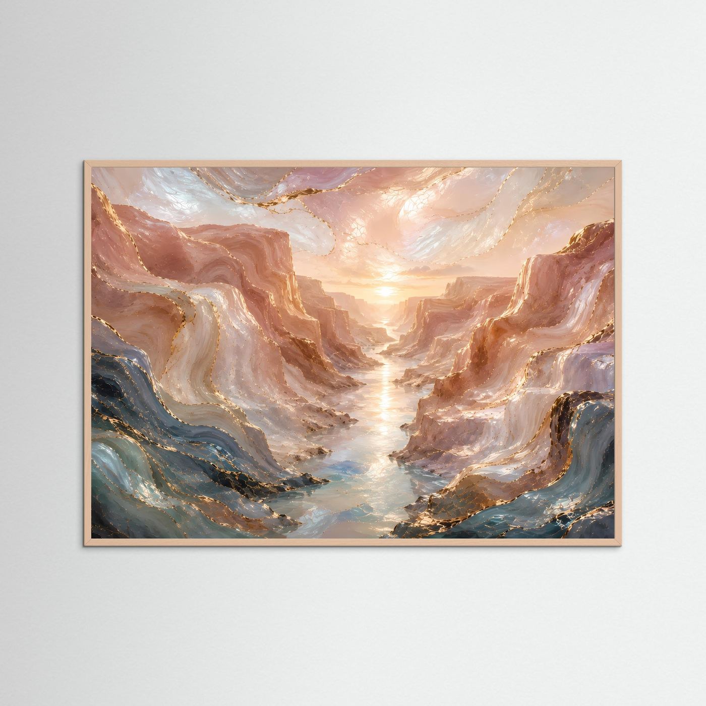 Gerahmtes Poster Querformat mit Canyonlandschaft und hellem Sonnenaufgangslicht