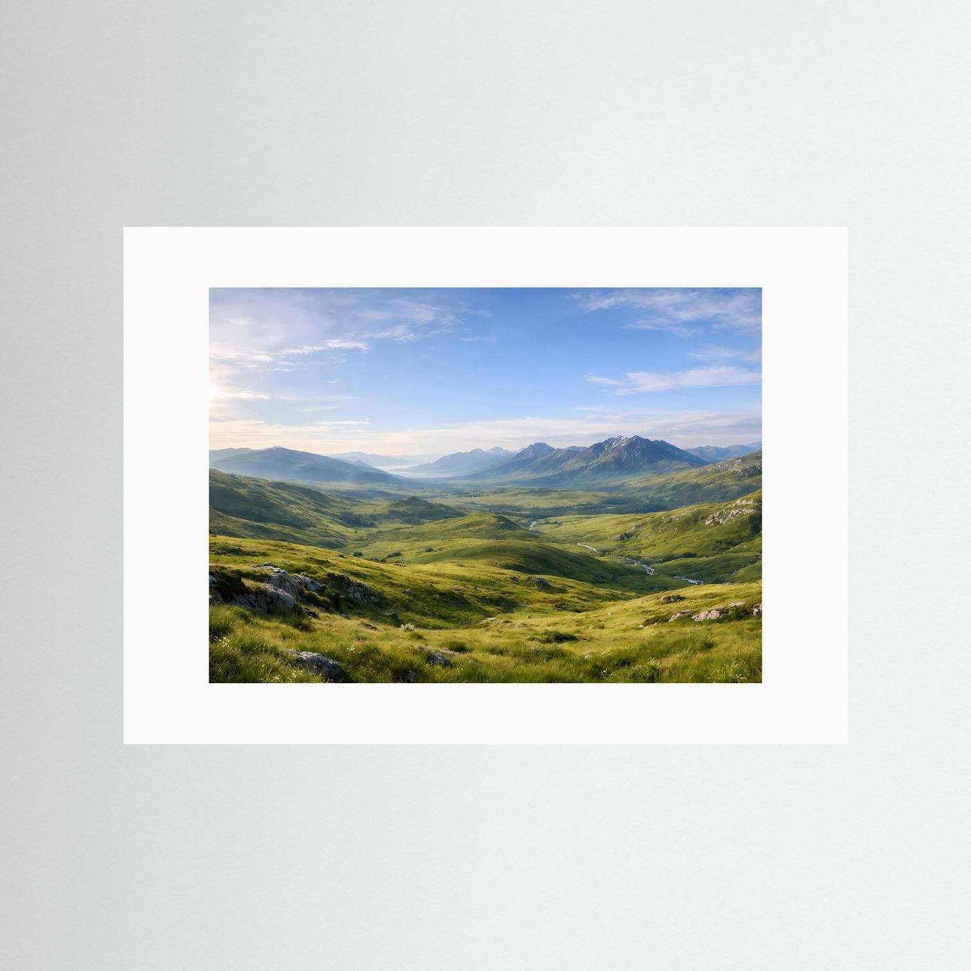 Naturpanorama-Poster mit grüner Berglandschaft, weißes Passepartout