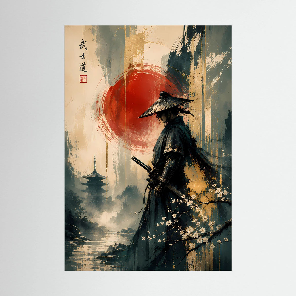 Japanisches Samurai-Poster mit roter Sonne, Nebel und Schwertträger in dunkler Rüstung