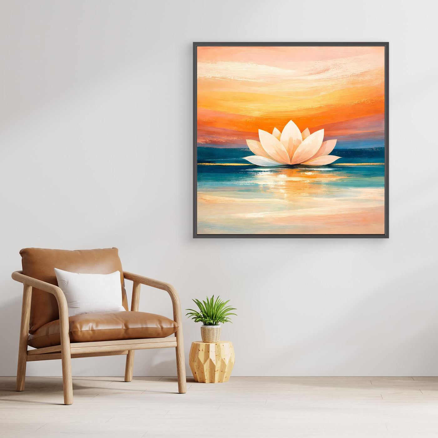 Gerahmtes Leinwandbild mit Lotusblüte im Sonnenuntergang über Wasser, schwarzer Rahmen