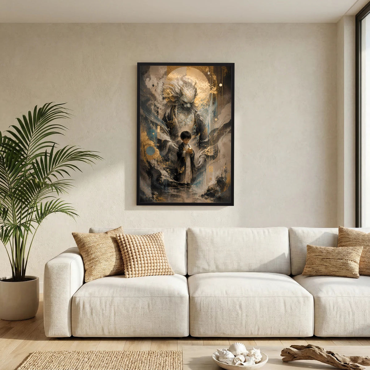 Hochformat-Poster mit mystischem Wächter und Kind, dunkle Farben und goldene Highlights, schwarz gerahmt