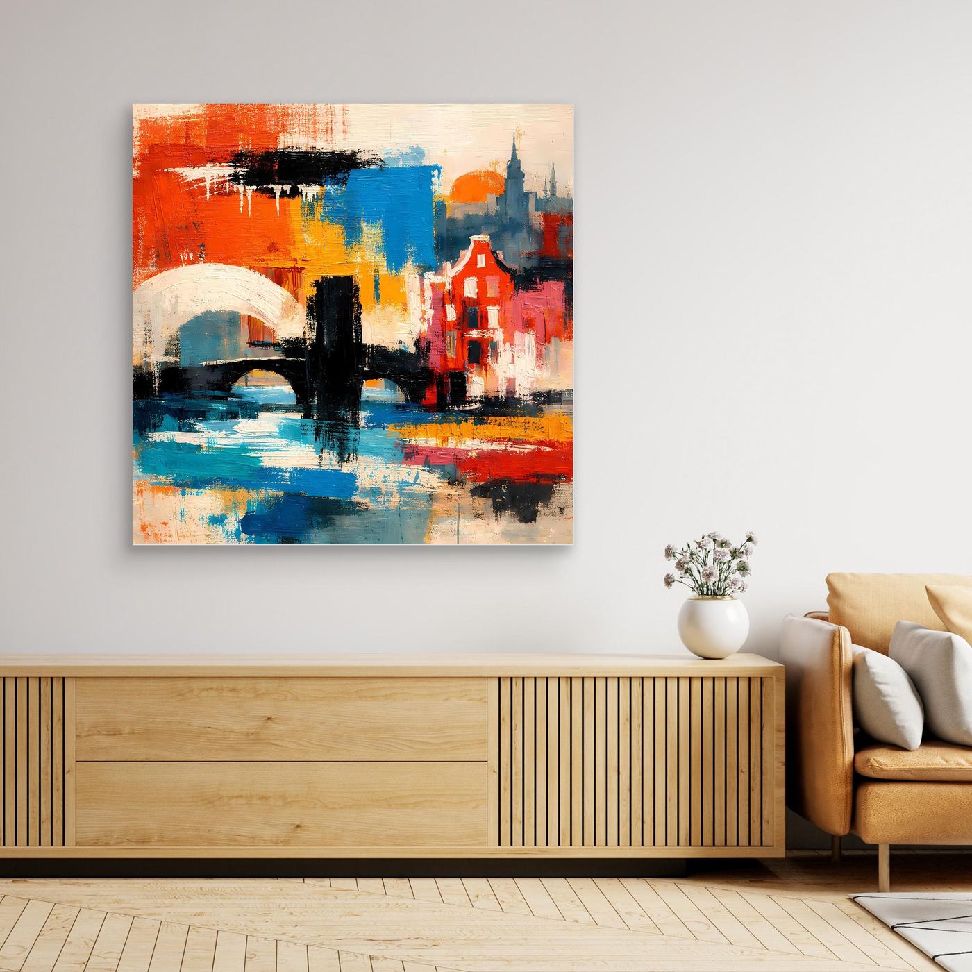 Abstraktes Leinwand-Wandbild mit roten, blauen Stadtmotiven, ohne Rahmen