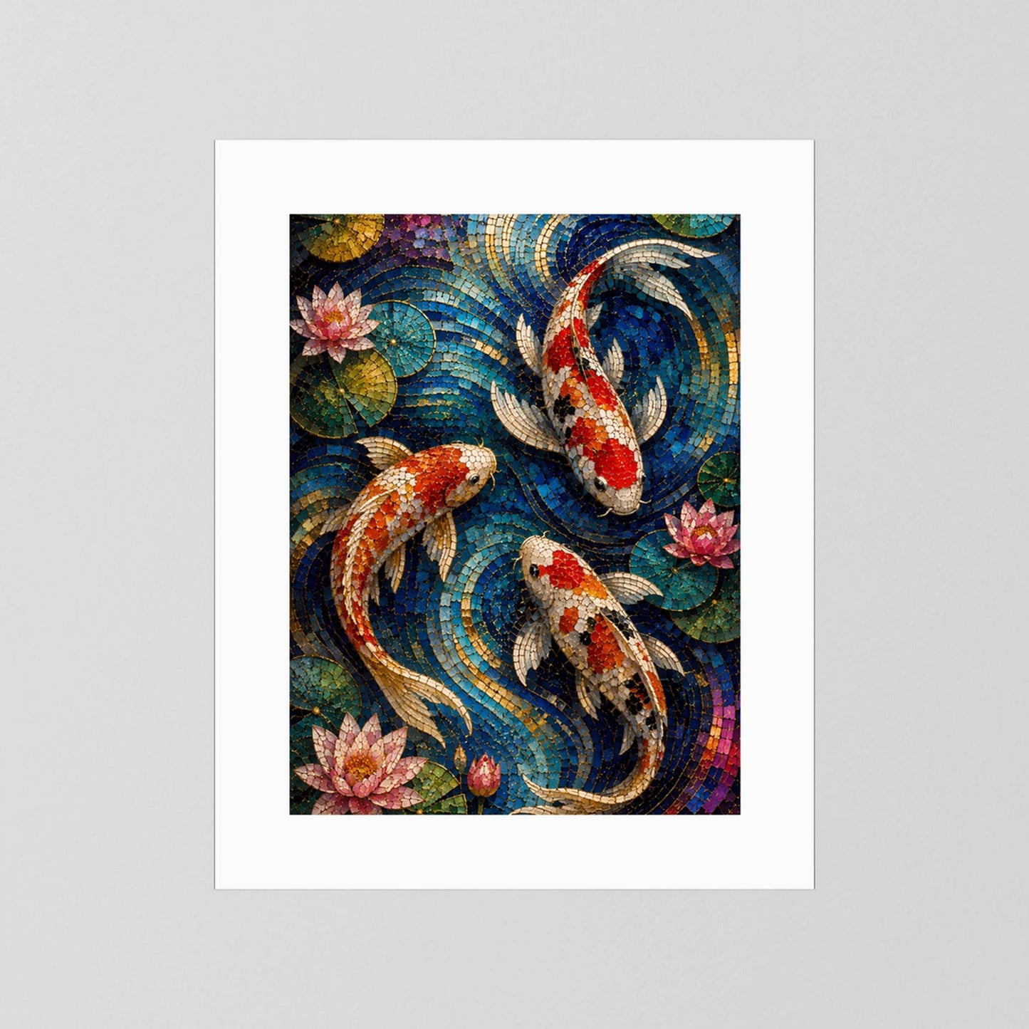 Koi Fische im Seerosenteich | Japanisches Mosaik in Blau & Gold | Poster Hochformat