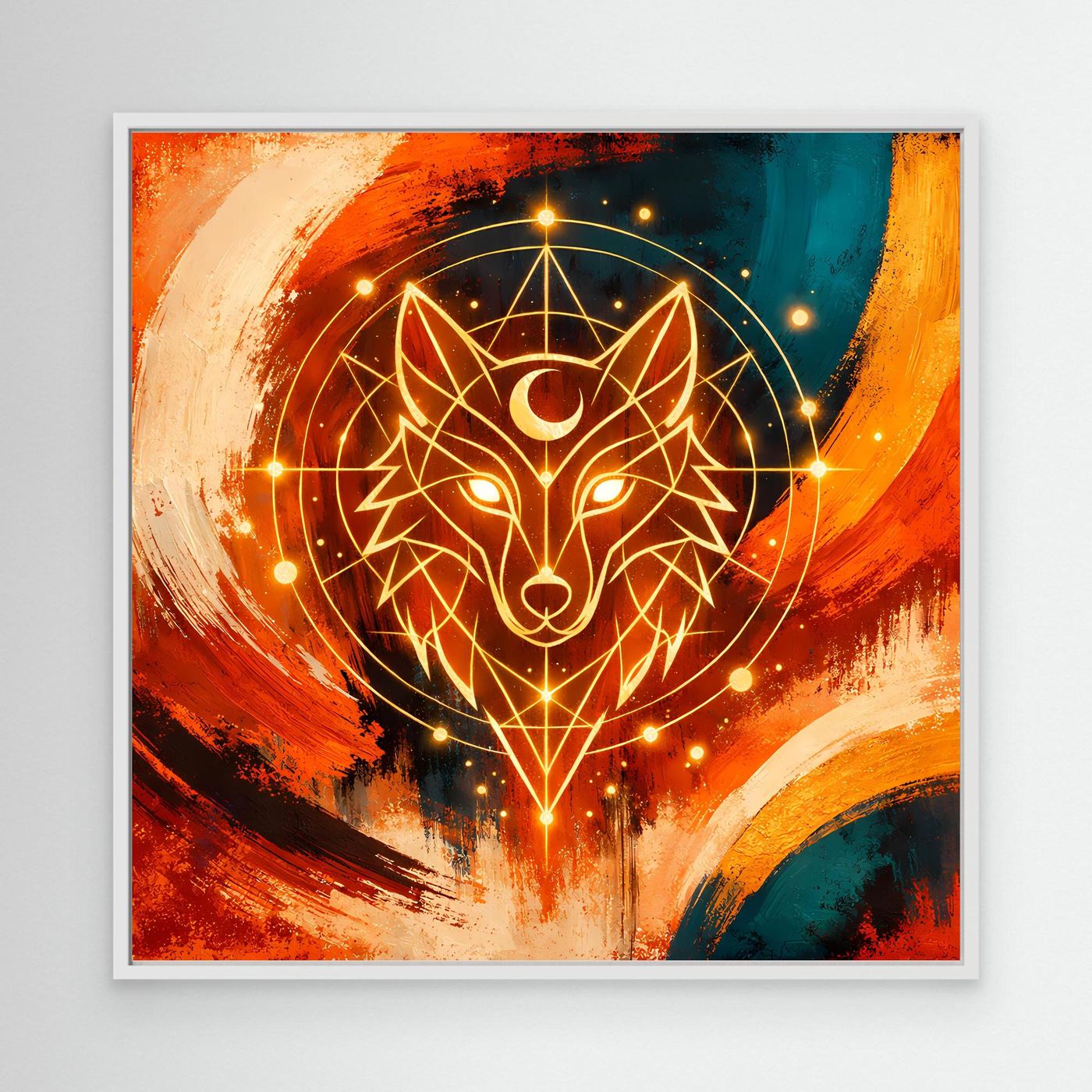 Leinwand-Wandbild mit geometrischem Wolf im Kosmos-Look, weißer Rahmen