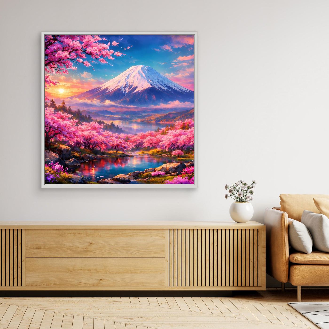 Leinwandbild Magischer Fuji & Kirschblüte | Japanisches Frühlingserwachen Wandbild auf echtem Holzkeilrahmen