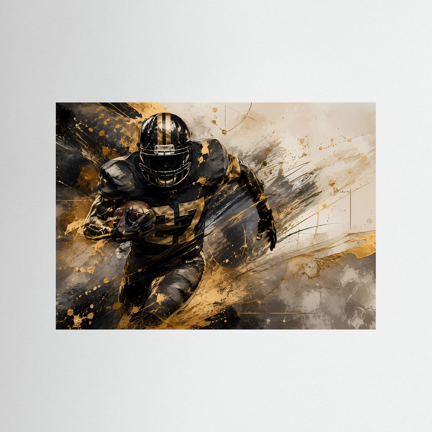 Fußball-Actionposter: Helmierter Spieler in schwarzer Uniform mit goldenem Sprüh- und Pinselstil
