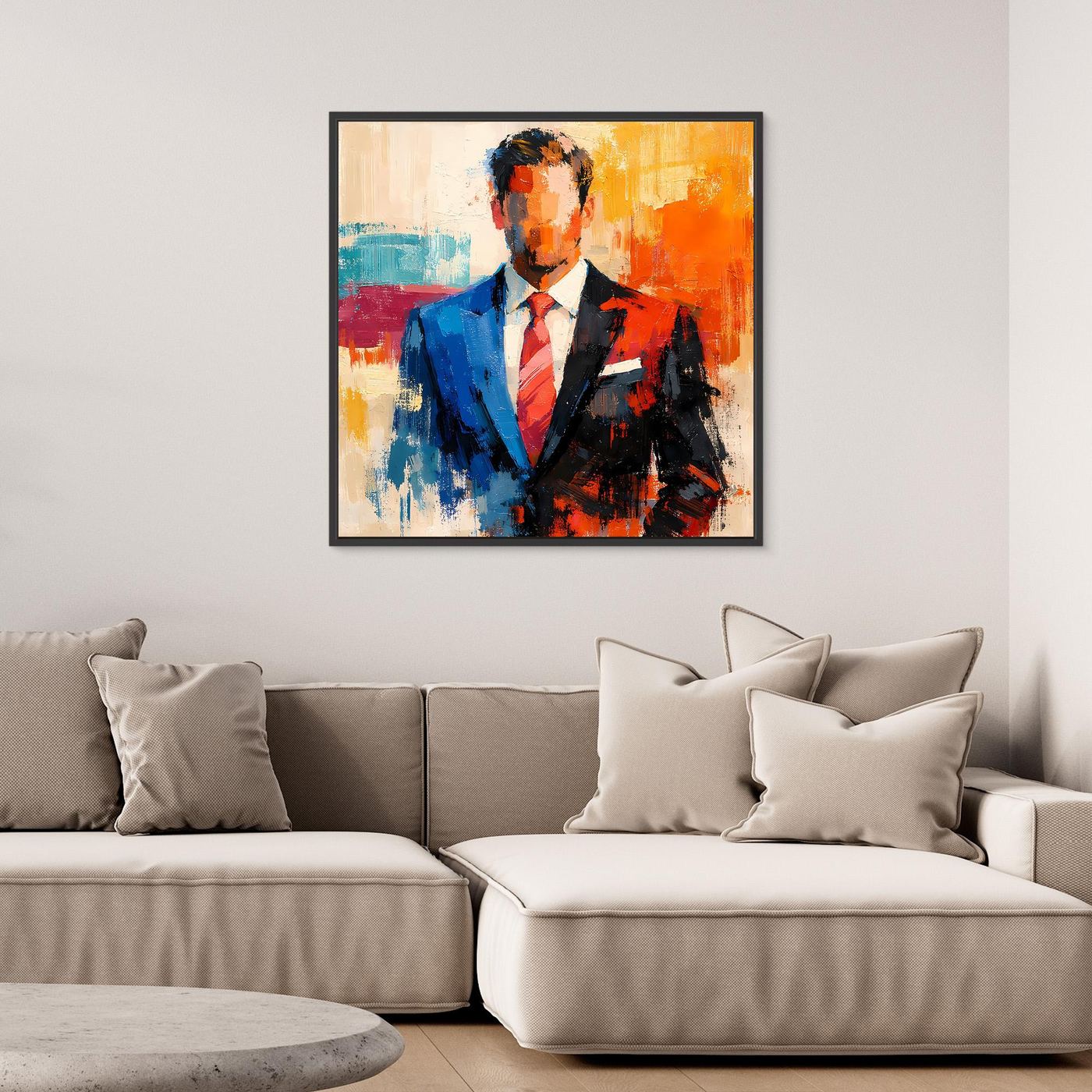 Abstract business portrait wall art in a black frame; blue suit, orange highlights, red tie.