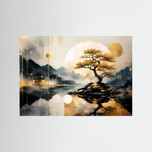 Abstraktes Zen-Landschafts-Poster mit goldenem Baum und rundem Mond, querformat