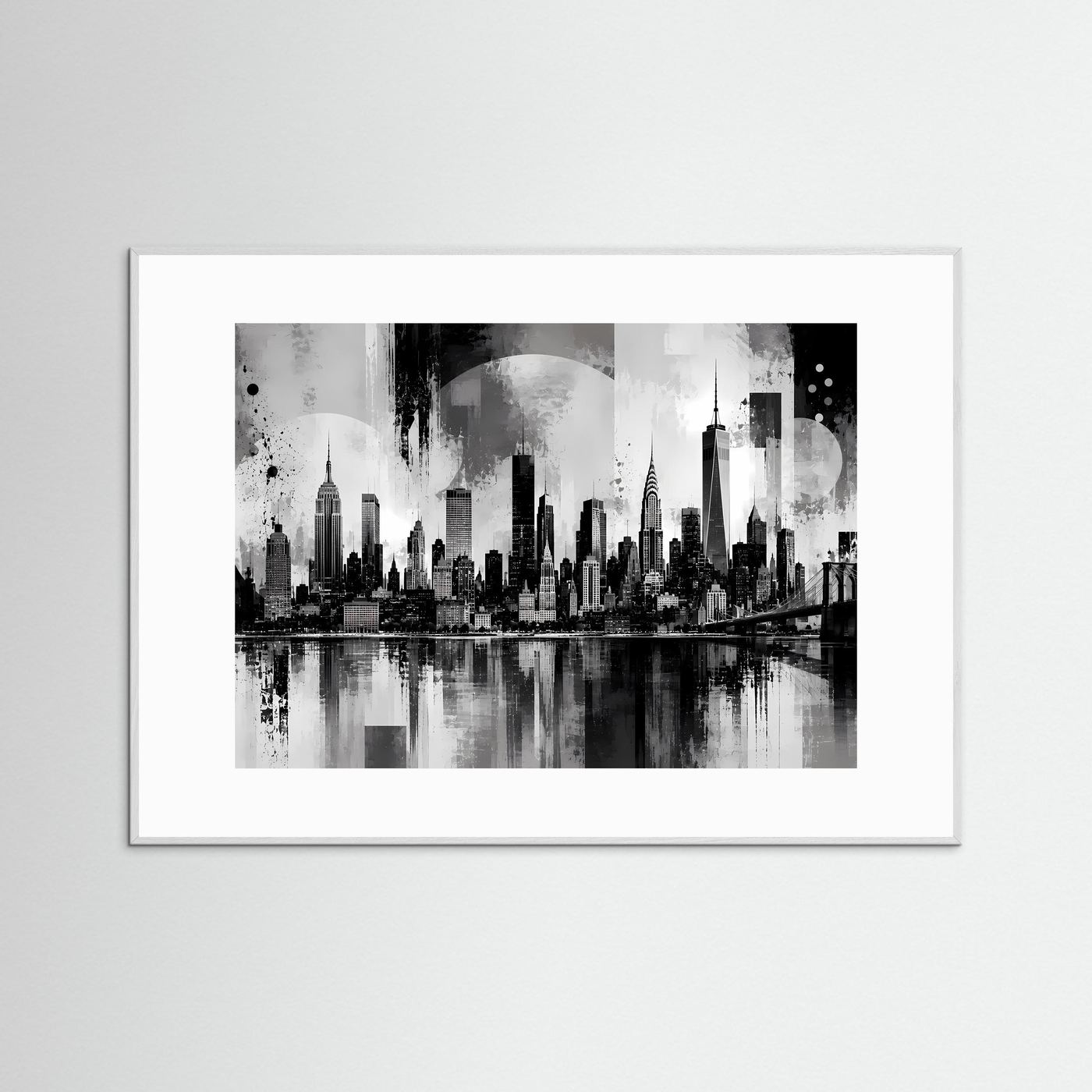 Schwarzweiß-Stadtposter mit Skyline über Fluss und Brücke, im dunkelgrauem Holzrahmen