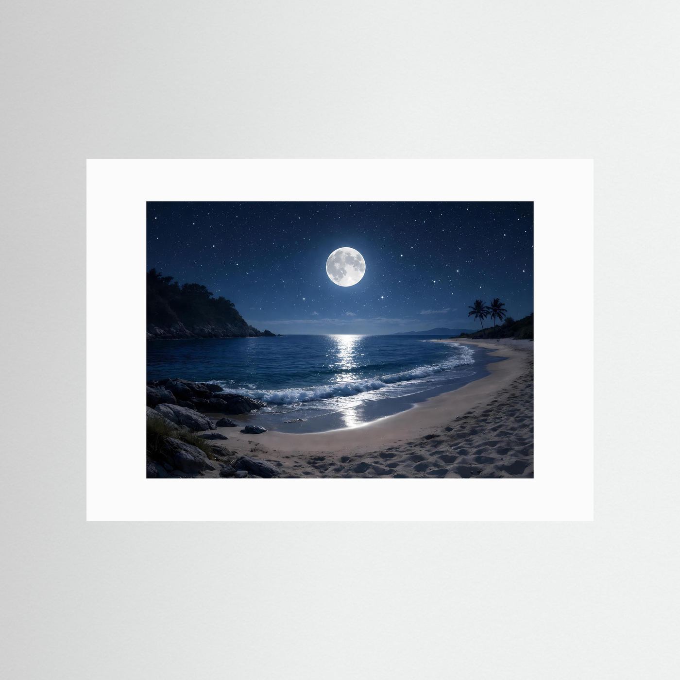 Poster Querformat mit weißem Passepartout: Mond über Strand in der Nacht