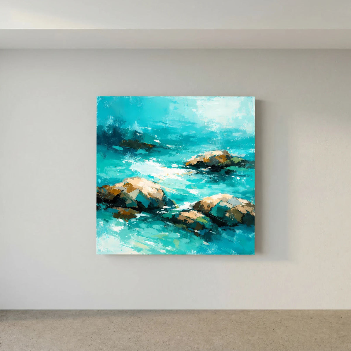 Abstraktes Meer-Felsen-Wandbild auf Leinwand, türkis mit hellen Wellenbereichen