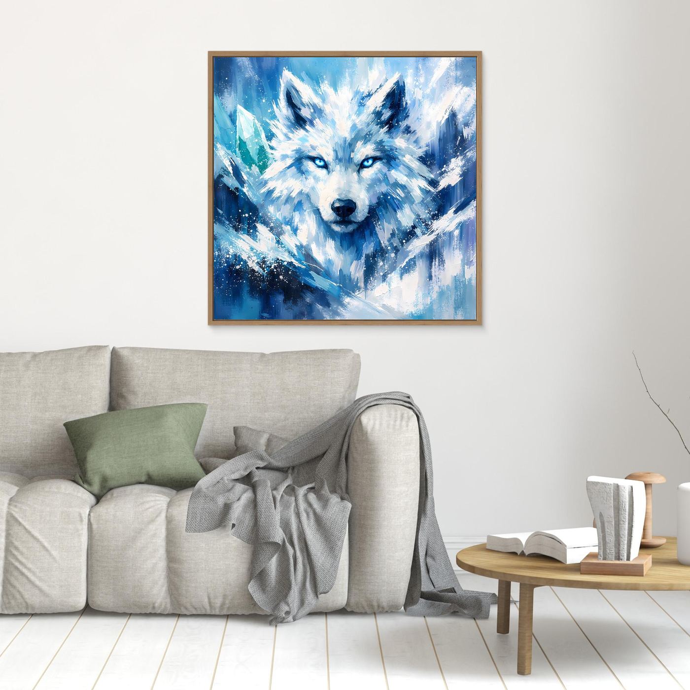 Kleines Leinwand-Wandbild mit Eiswolf im Blizzard, brauner Holzrahmen