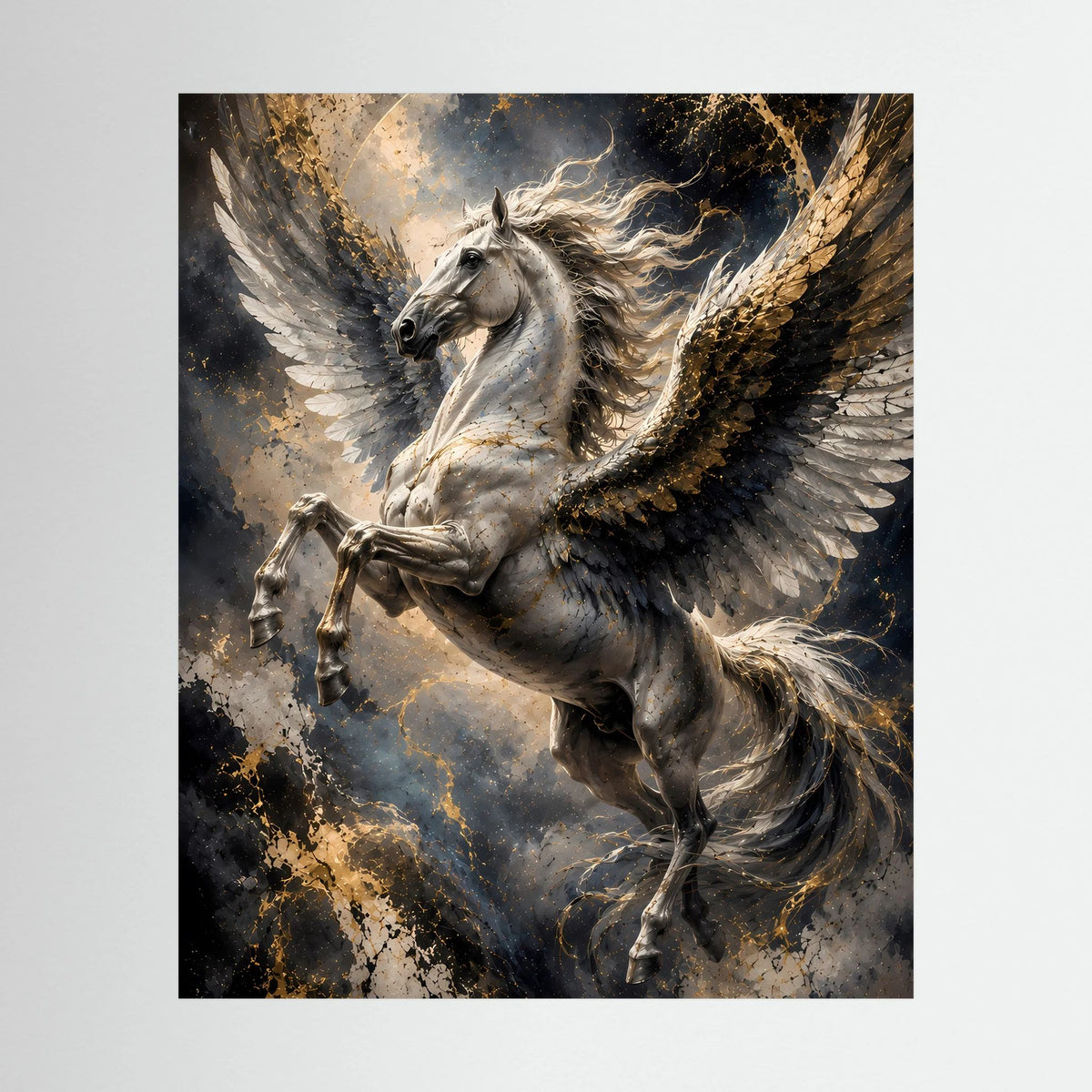Pegasus-Poster: silbernes Pferd mit goldenen Flügeln in dynamischer Flugpose
