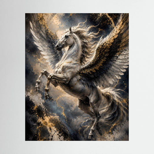 Pegasus-Poster: silbernes Pferd mit goldenen Flügeln in dynamischer Flugpose
