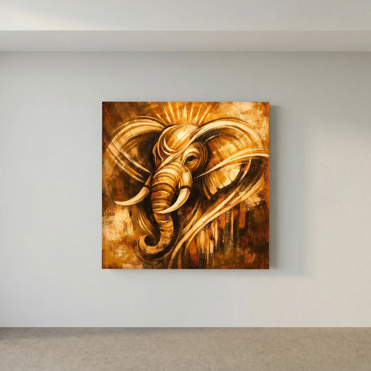 Abstraktes Leinwand-Wandbild mit Elefantenmotiv im Ganesha-Stil, goldbraunes Wirbelmuster