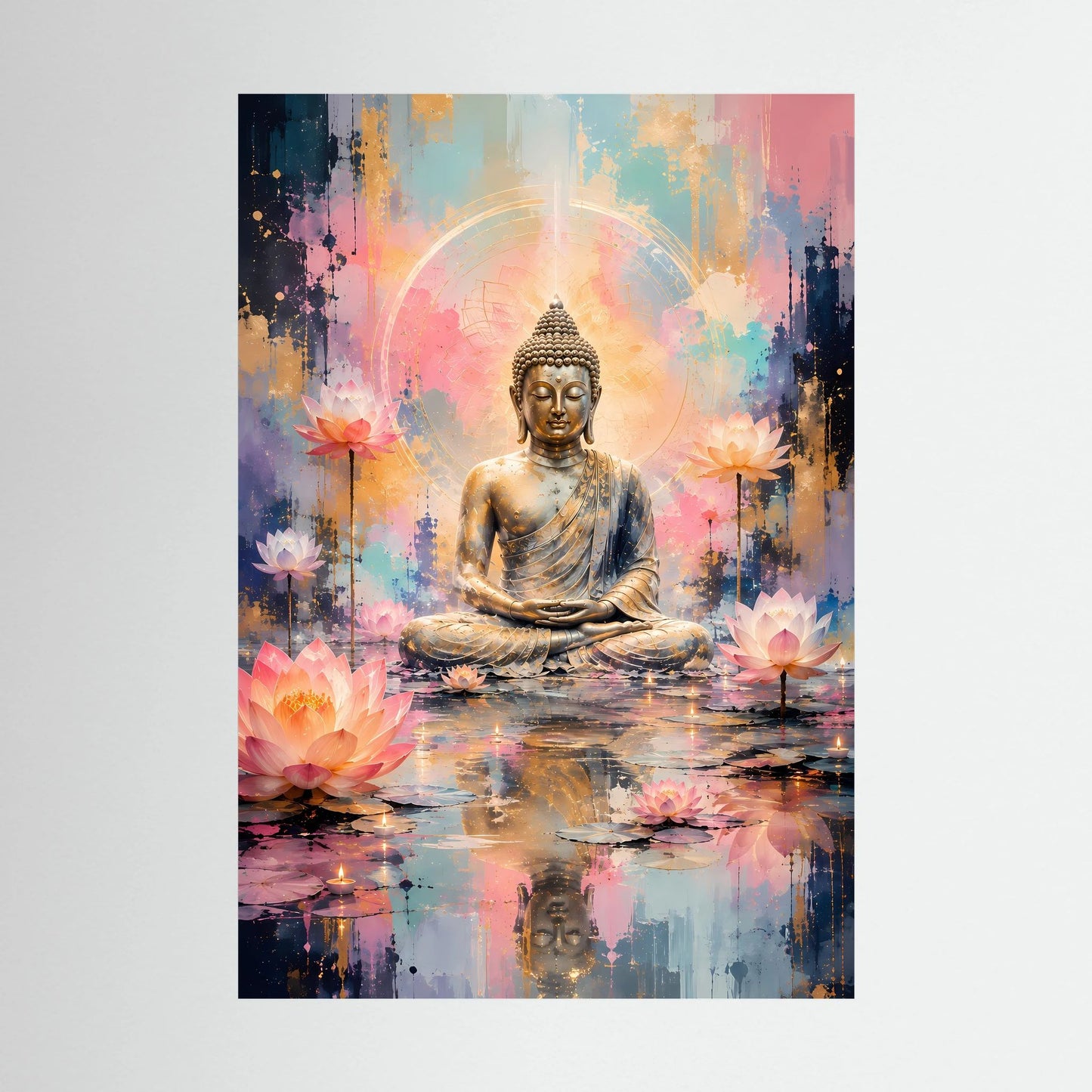 Poster mit sitzendem Buddha im Lotussitz und Lotusblüten, Pastell und Gold