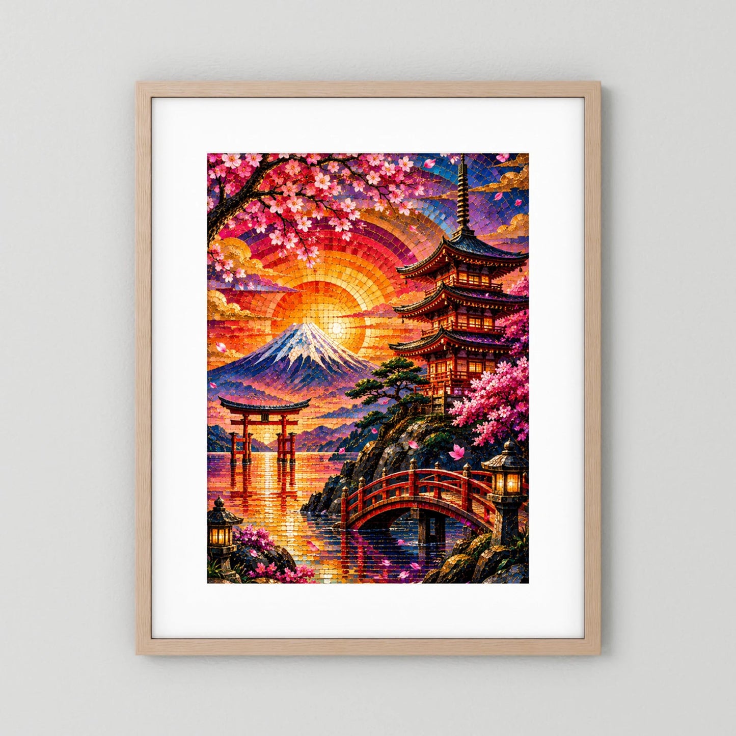 Poster im Hochformat mit hellem Holzrahmen, Mosaik-Landschaft mit Pagode, Sakura und Sonne
