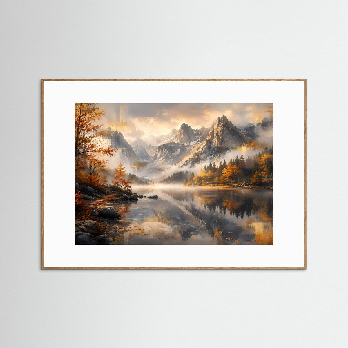 Querformat-Poster mit Bergsee-Landschaft im braunen Holzrahmen mit weißer Einfassung