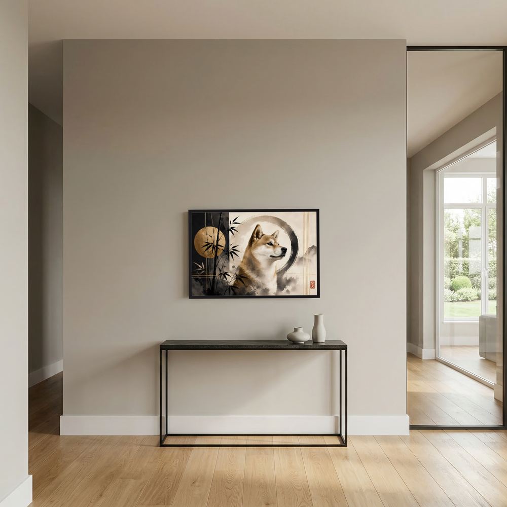 Kleines gerahmtes Poster mit Shiba Inu im Kreis, Bambus und Zen-Artwork, dunkler Rahmen