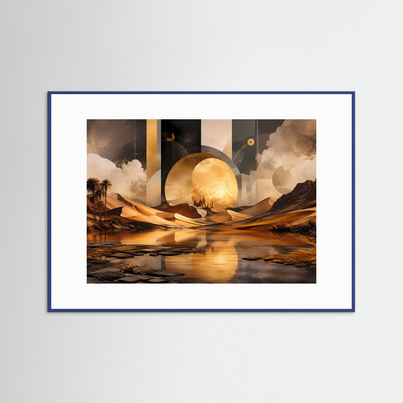 Surreale Wüstenlandschaft in Gold | Oase, Sonne & abstrakte Geometrie