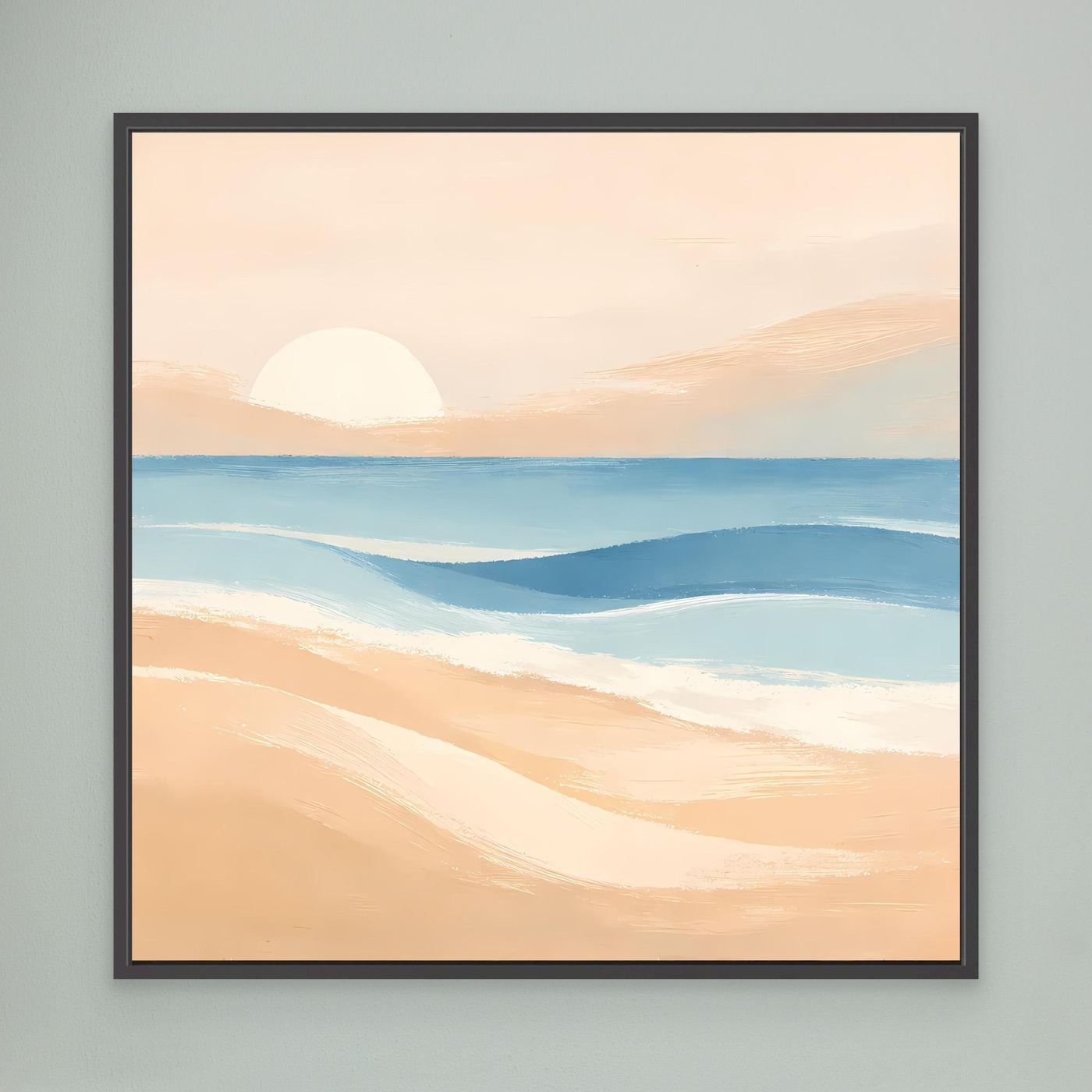 Leinwandbild mit schwarzem Rahmen: abstrakter Strand mit Meer und Sonnenuntergang in Pastell.