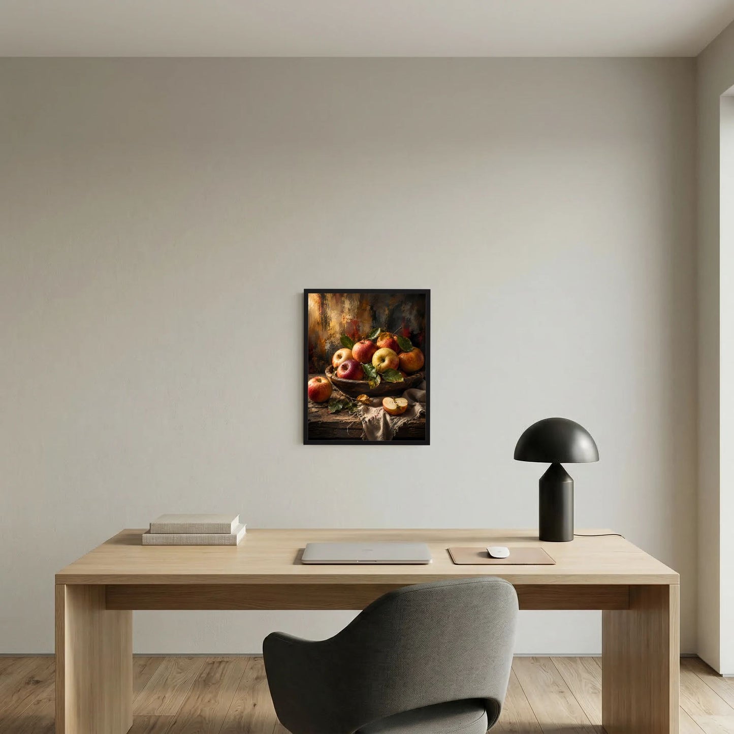 Wandposter mit Apfel-Stillleben im schwarzen Rahmen