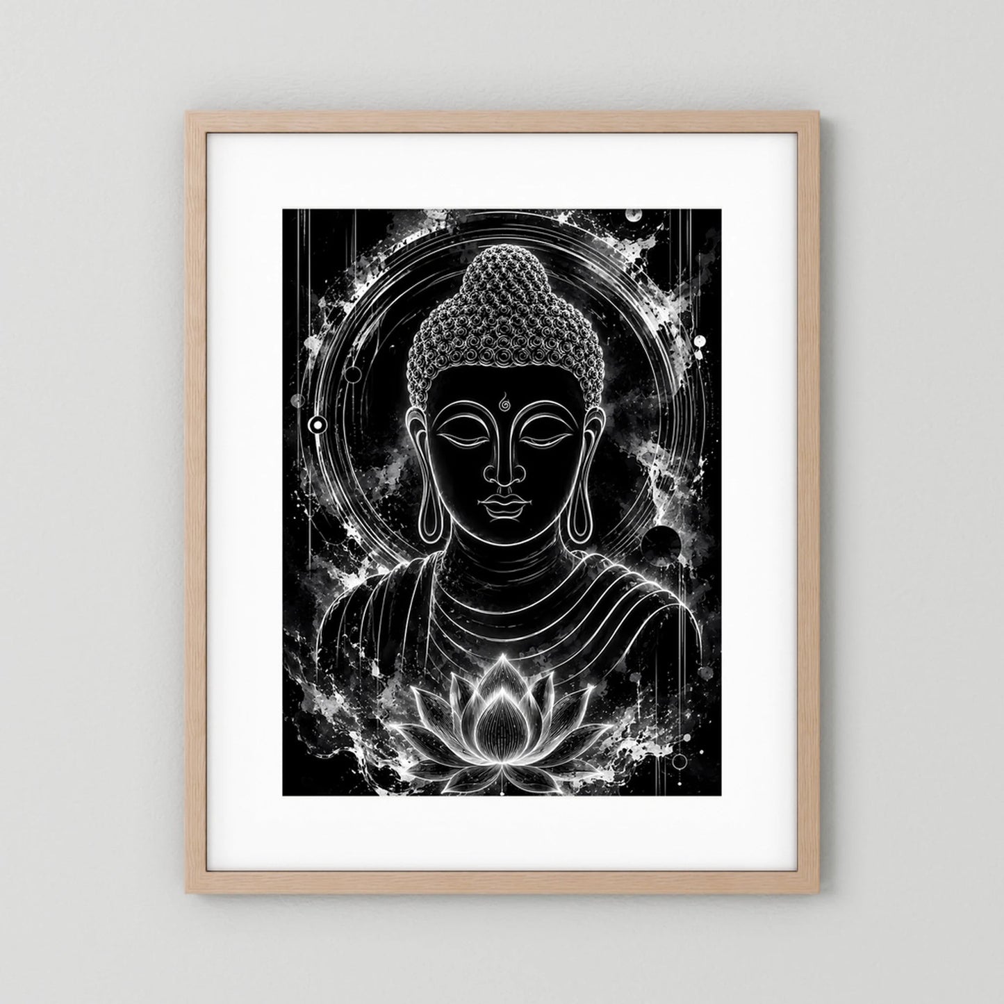 Hochformat-Poster mit Buddha-Gesicht, Lotusblüte und Lichtkreis, schwarz-weiß, Holzrahmen hell