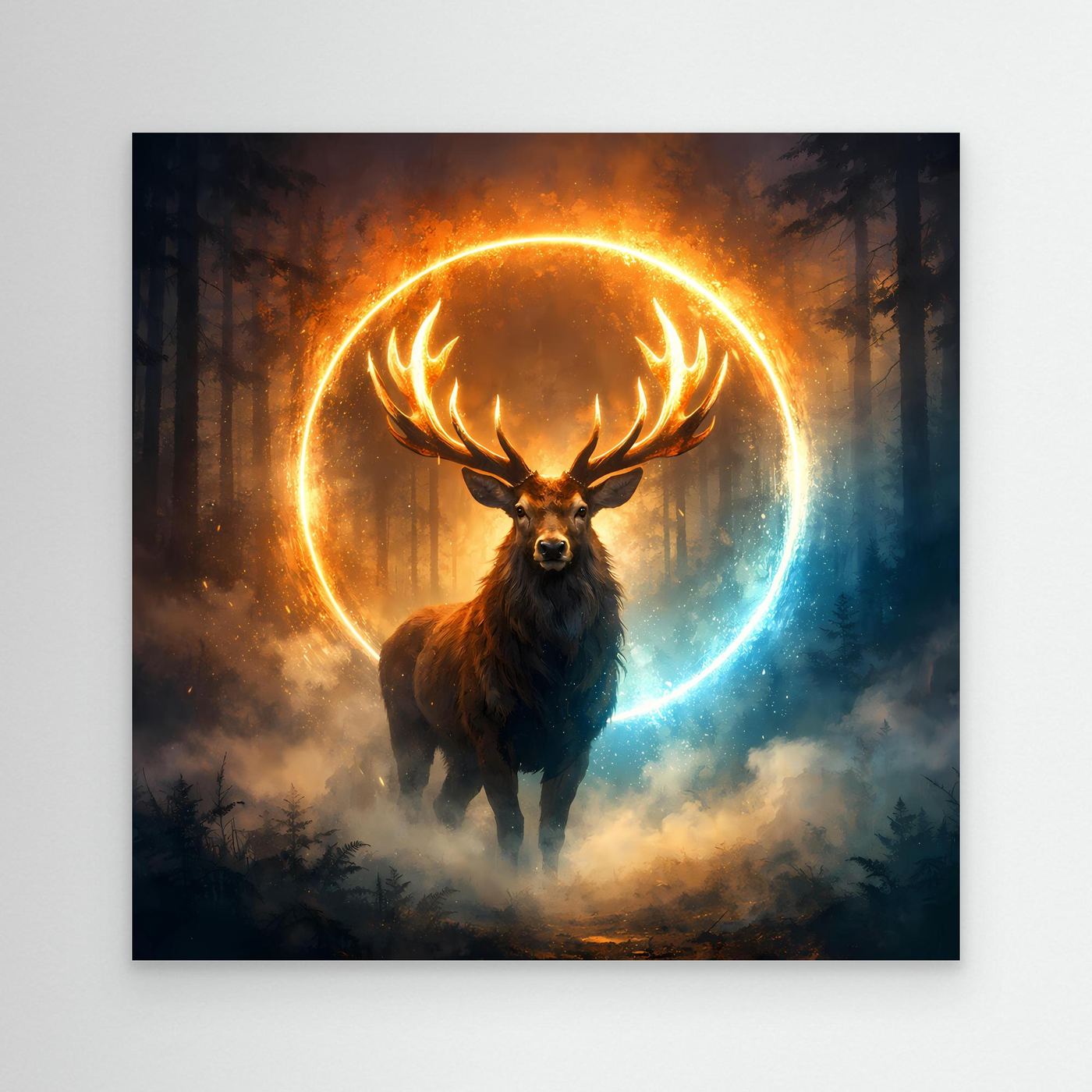 Leinwandbild mit mystischem Hirsch im Feuer-zu-Kaltblau-Kreislicht, ohne Rahmen