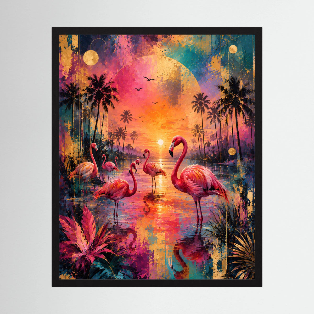 Poster mit Flamingos im tropischen Sonnenuntergang, buntes Kunstmotiv, schwarzer Rahmen