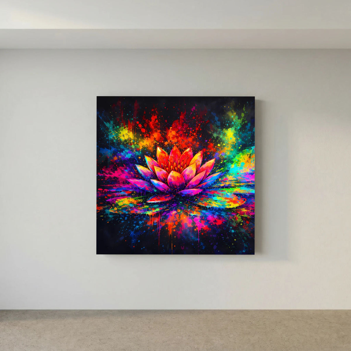 Abstraktes Leinwandbild mit Lotusmotiv auf Keilrahmen, quadratisch, klar erkennbar.