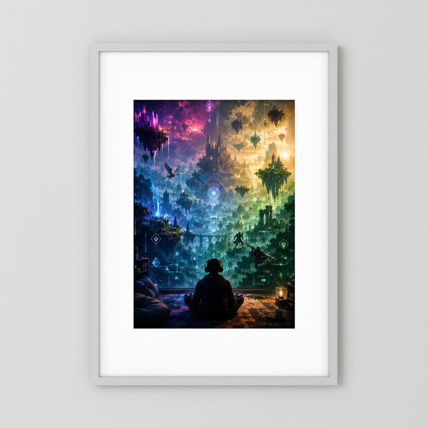 Hochformatiges Kunstposter mit Fantasy-Landschaft, schwebenden Inseln und sitzender Figur.