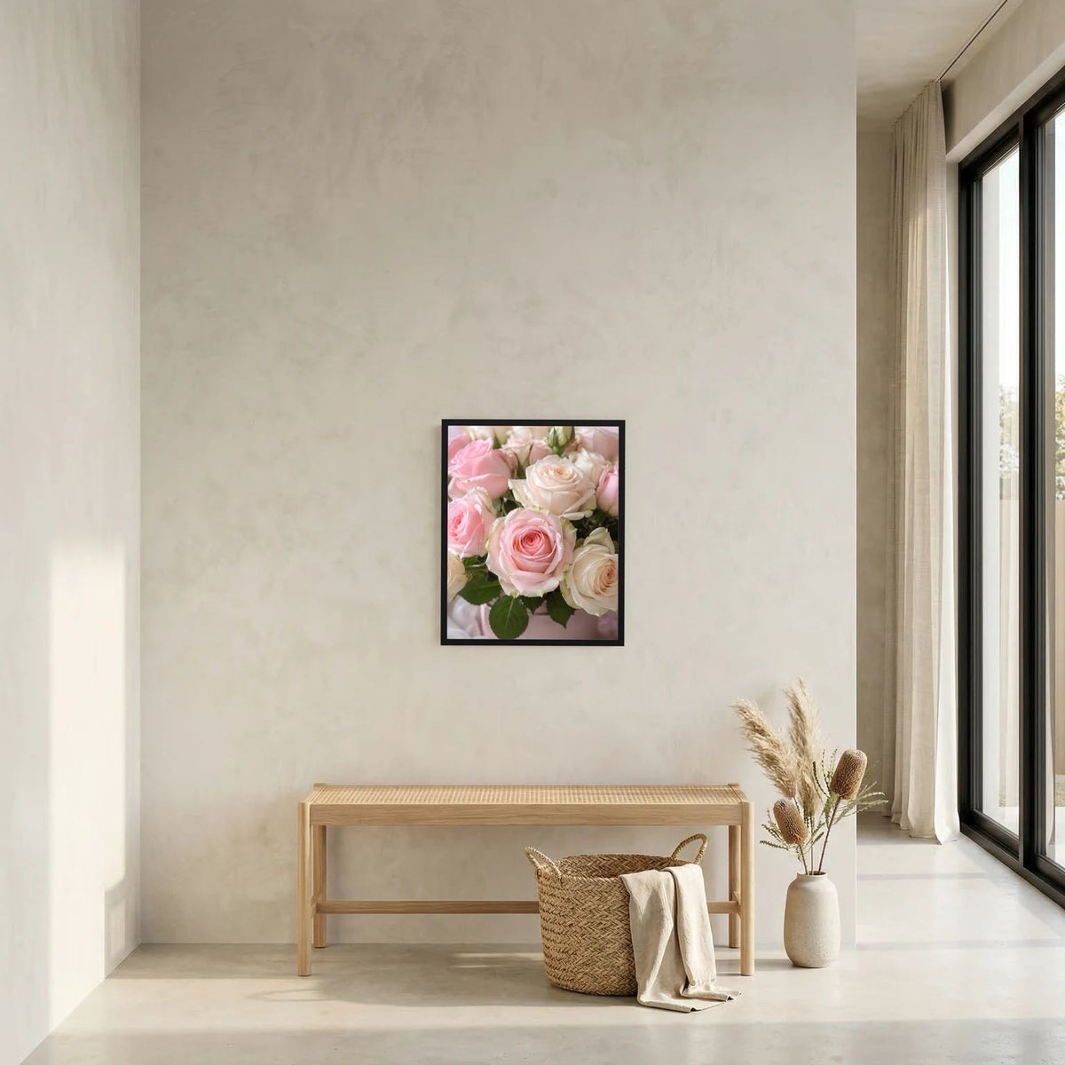 Rosenposter im schwarzen Rahmen mit pastell rosa und weißen Rosenblüten