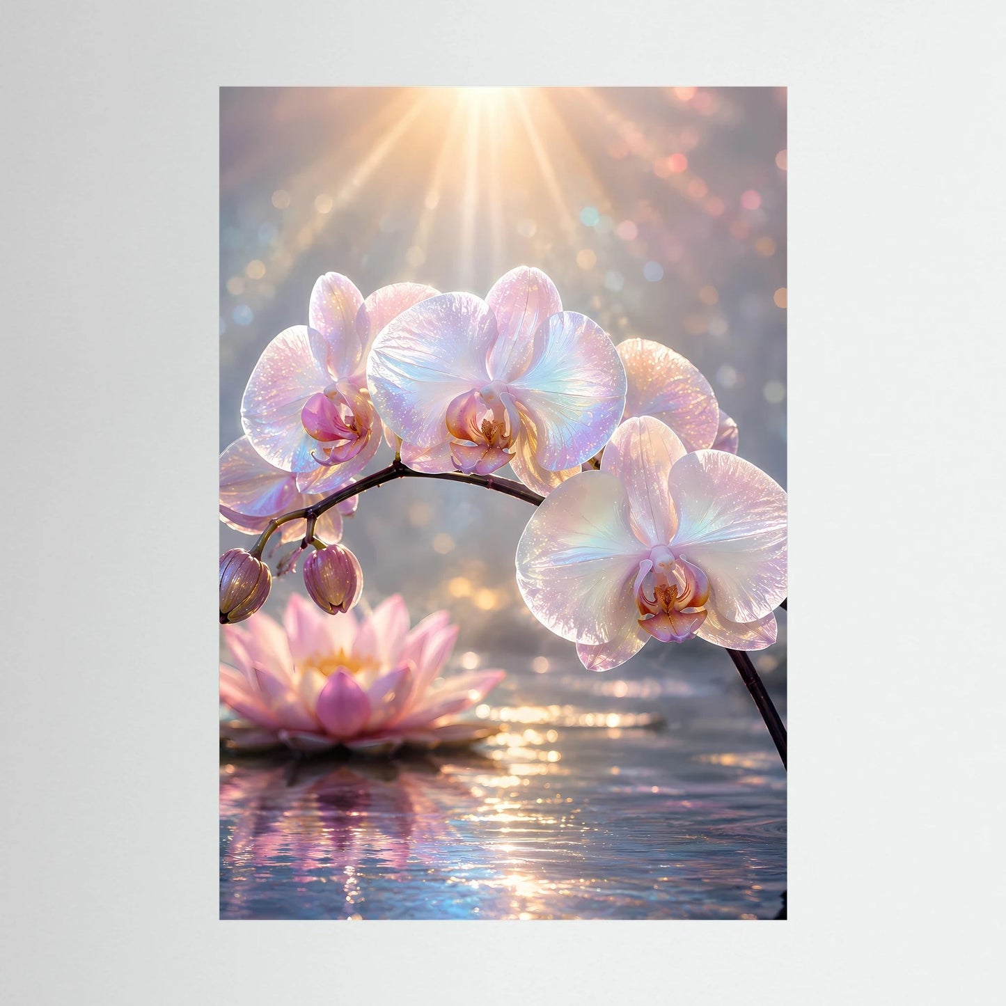 Hochformat-Poster mit Perlmutt-Orchideen und Lotusblüte über spiegelndem Wasser
